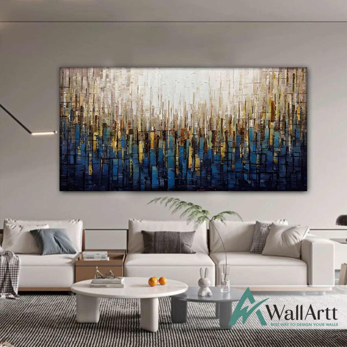 Abstract Yellow Blue Bars Textured Partial Oil Painting - Wall Art